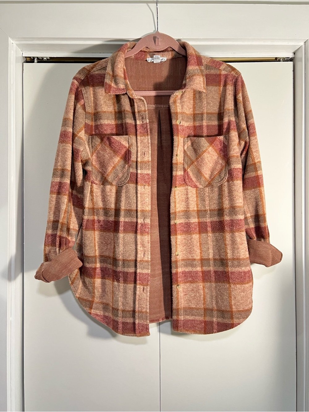 beachlunchlounge Plaid Button-Down Shacket in Rust & Cream